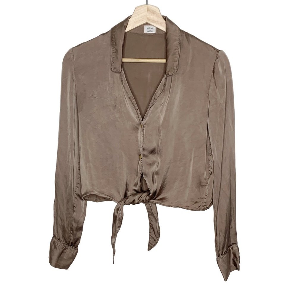 Wilfred Aritzia Gold Shimmer Tan Button Up Top Blouse Tie Cognac 2XS Cupro - Picture 2 of 16
